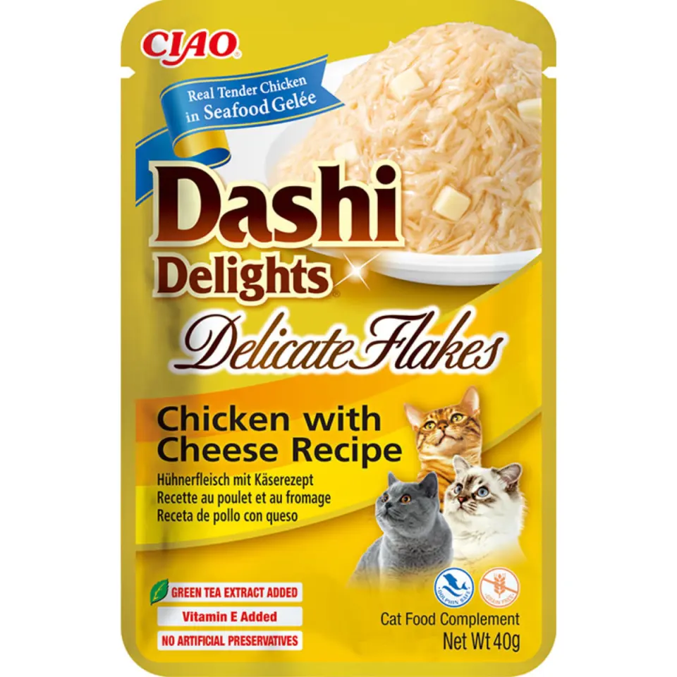 INABA Churu Dashi Delights Delicate Flakes, Pui și Brânză, plic hrană umedă fără cereale pisici, (topping), 40g