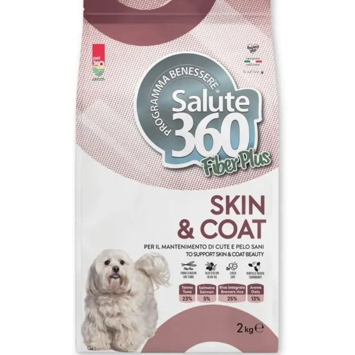 Hrana uscata pentru caini Salute 360 Fiber Plus SkinCoat cu ton si somon, 2 kg