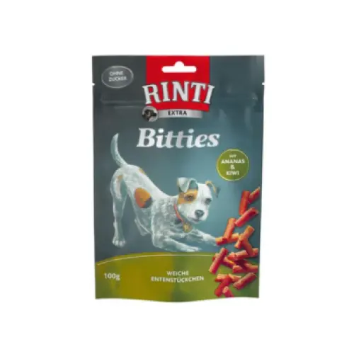 Recompense pentru caini Rinti Extra Mini Bitties Rata cu Ananas si Kiwi 100 gr