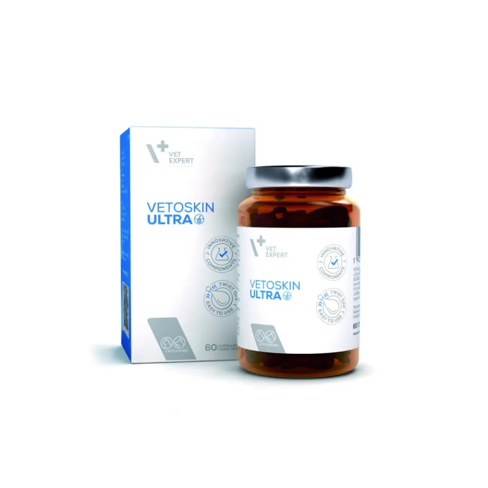 Supliment inovator pentru pielea hipersensibila si atopica, Vet Expert Vetoskin Ultra, Twist-Off, 60 capsule