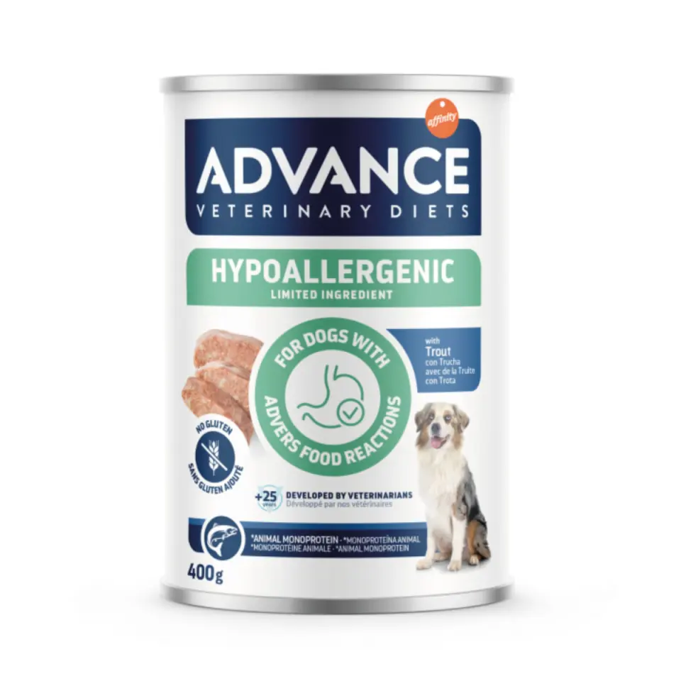 ADVANCE VETERINARY DIETS Hypoalergenic, XS-XL, Păstrăv, dietă veterinară, conservă hrană umedă câini, alergii, (pate), 400g
