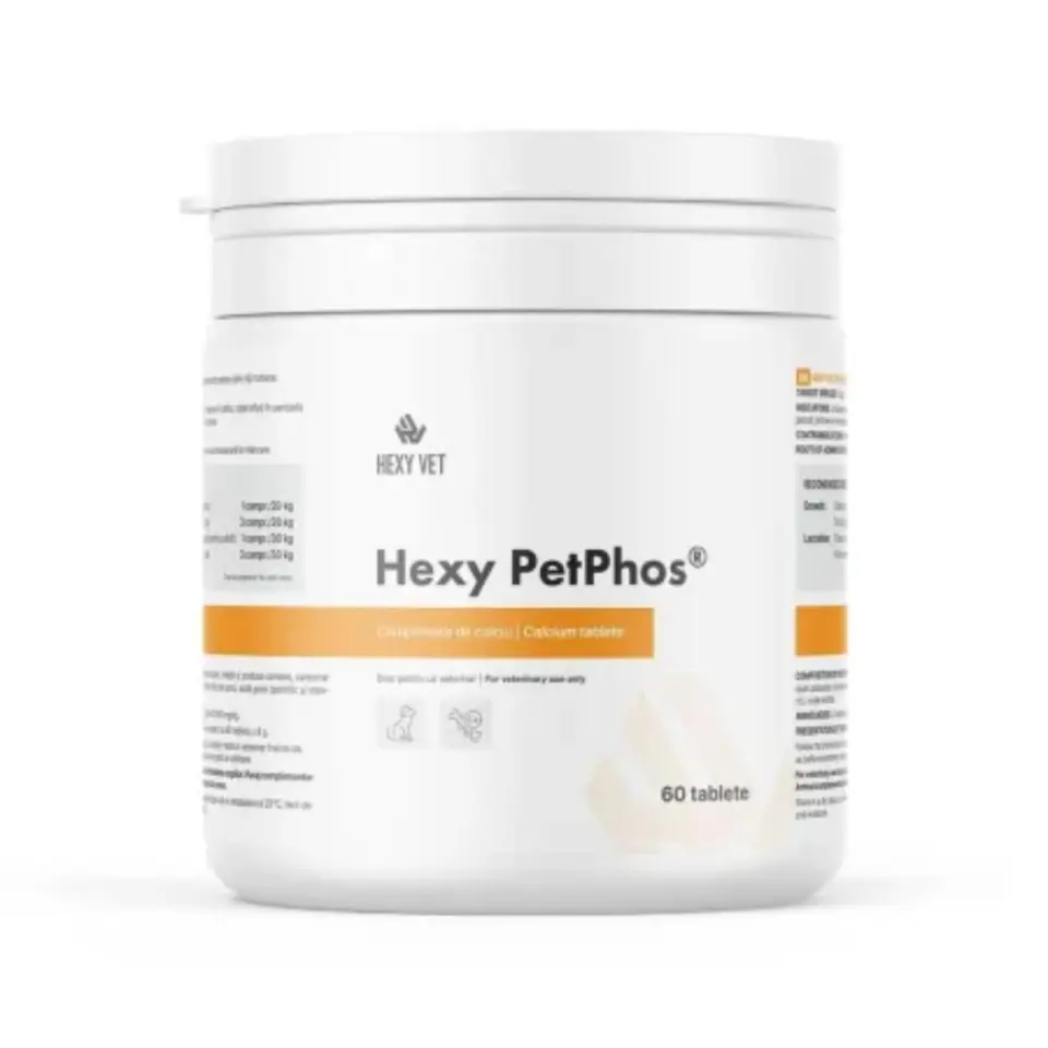 HEXY VET Hexy PetPhos comprimate de calciu, supliment sistem osos câini, comprimate