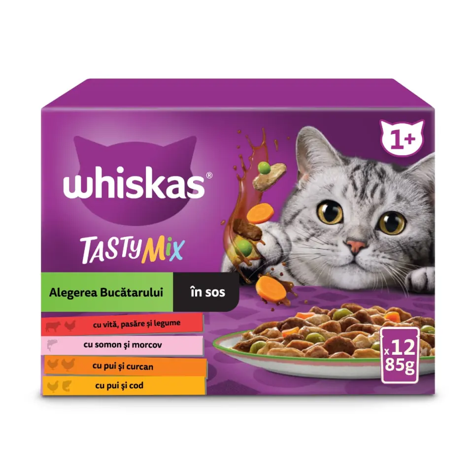 WHISKAS Tasty Mix Chef's Choice, Somon, Vită, Pui și Pasăre, Pui și Curcan, Pui și Cod, plic hrană umedă pisici, (în sos), multipack, 85g x 12