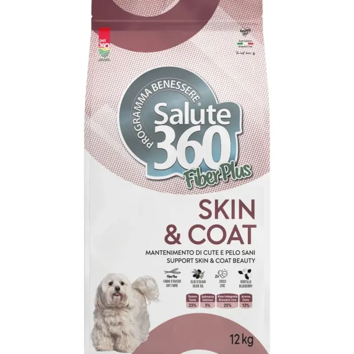 Hrana uscata pentru caini Salute 360 Fiber Plus SkinCoat cu ton si somon, 12 kg