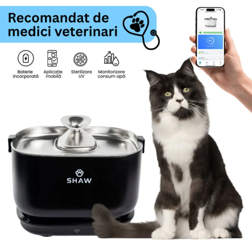 SHAW PRO V3 Smart, fântână câini, dreptunghiulară, senzor, aplicație mobilă, sistem filtrare, PVC