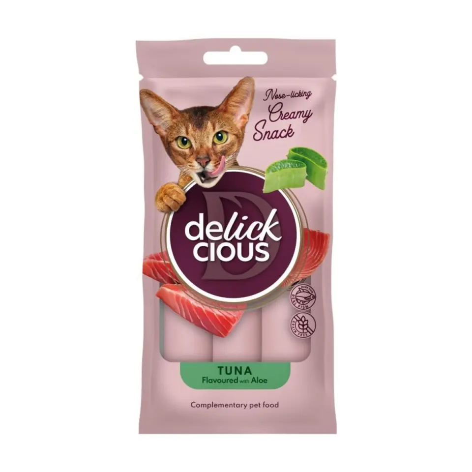 DELICKCIOUS Creamy Snack, Ton și Aloe Vera, plic recompense pisici, 60g
