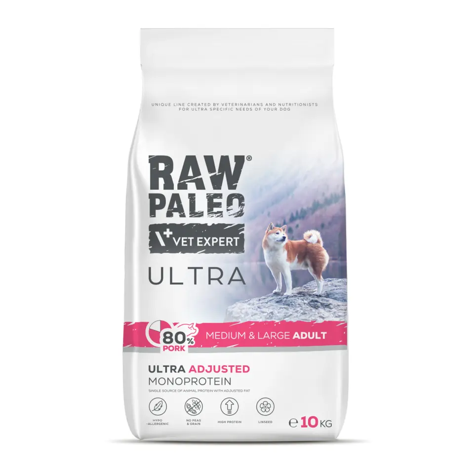 Hrană uscată pentru câini adulți Raw Paleo Ultra Pork, talie medie si mare, 10kg
