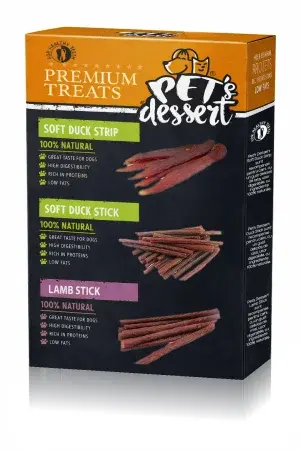 Recompnese pentru caini, Pet s Dessert Premium Treats Mix cu Rata si Miel pentru Caini 3x80 Gr
