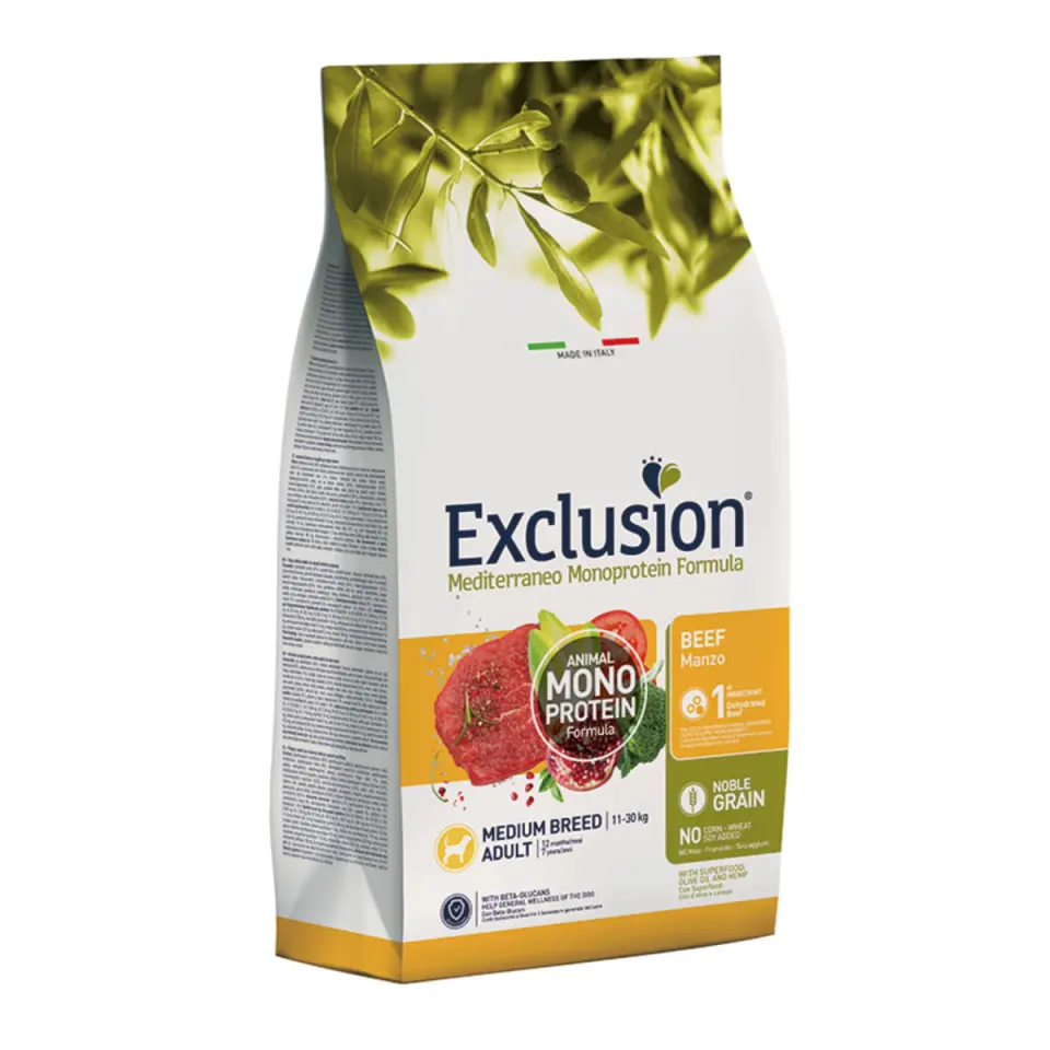 EXCLUSION Mediterraneo Monoprotein Formula Medium Breed, M, Vită, hrană uscată monoproteică câini, 12kg