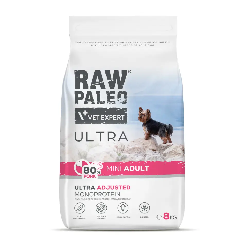 Hrană uscată pentru câini adulți Raw Paleo Ultra Pork, talie mică, 8 kg
