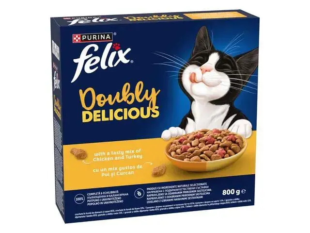 Hrana uscata pentru pisici Felix Doubly Delicious cu pui curcan 800 gr