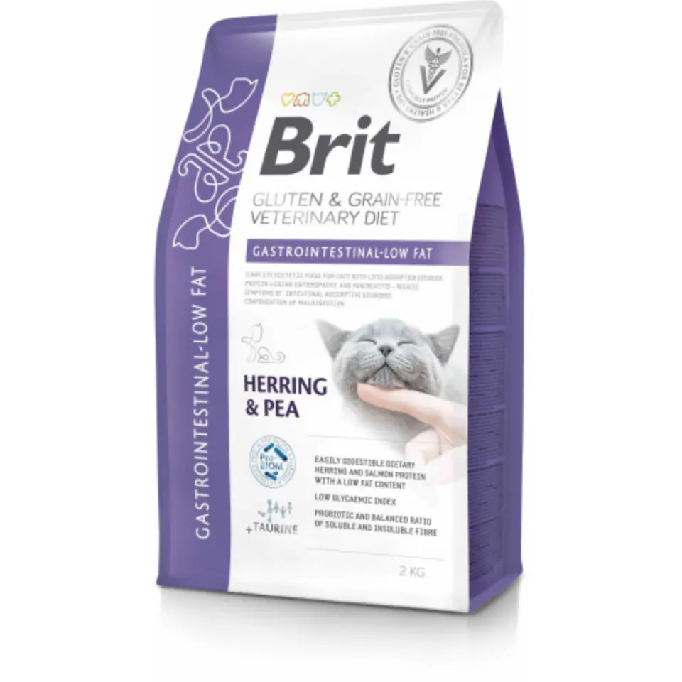 BRIT VD Gastrointestinal Low Fat, Hering, dietă veterinară, hrană uscată fără cereale pisici, sistem digestiv, 2kg