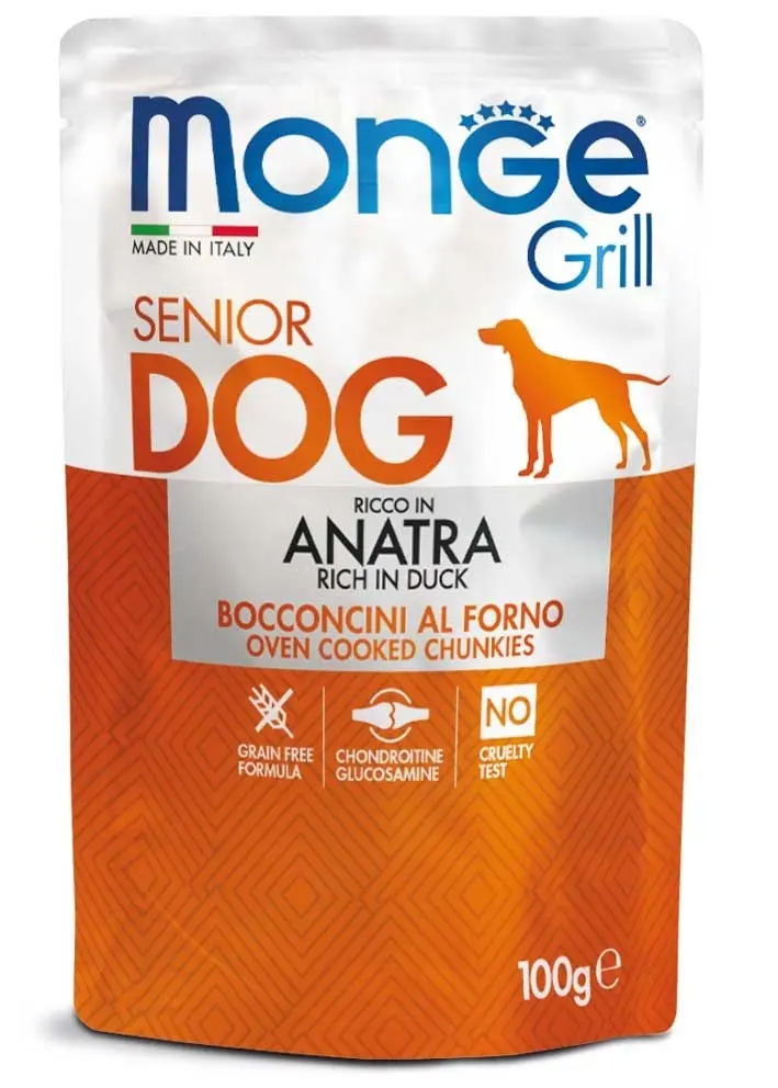 Monge Grill Chunkies Senior - Hrana umeda super-premium pentru caini- Rata - 100g
