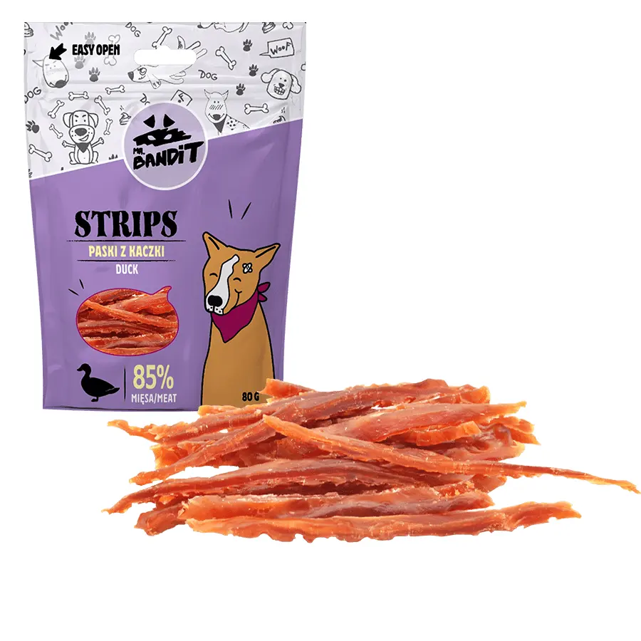 Recompense pentru caini Mr. Bandit STRIPS, rata, 80 g