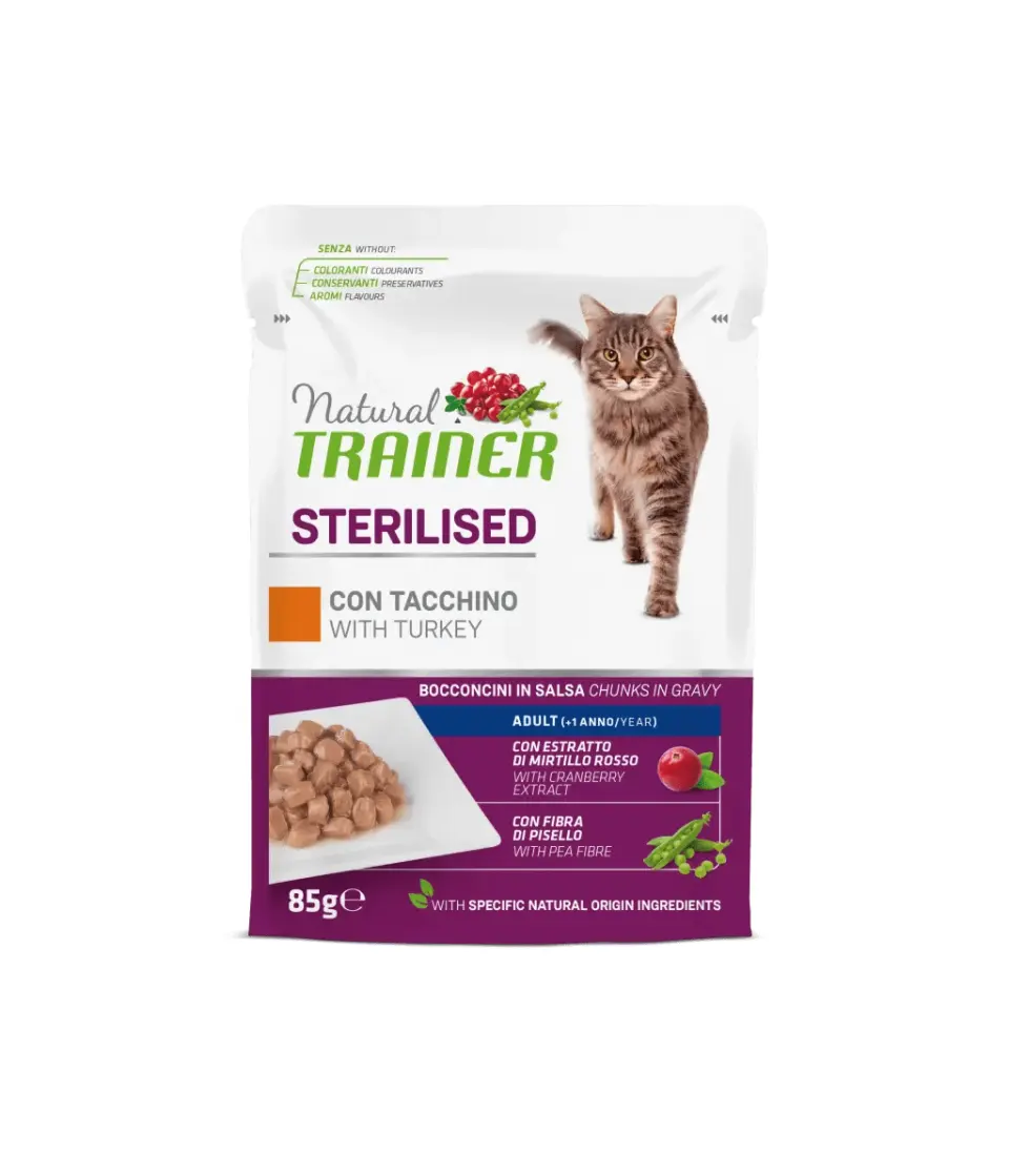 Hrana Umeda Pisici Sterilizate, Natural Trainer, Curcan in Sos, 85 g