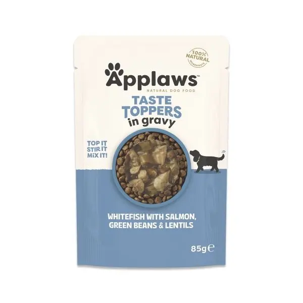 Hrana umeda caini, Applaws Dog Taste Toppers, Peste Alb si Somon, in sos, 85 g