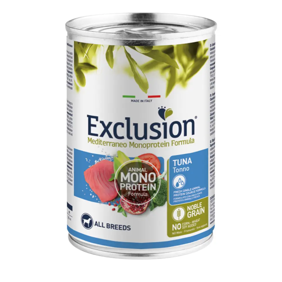 EXCLUSION Mediterraneo Monoprotein Formula, XS-XL, Ton, conservă hrană umedă monoproteică câini, (pate), 400g