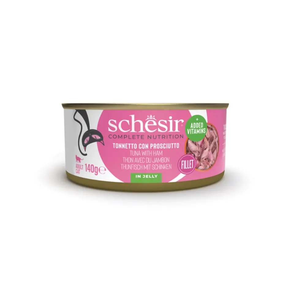 SCHESIR Complete Nutrition, Ton și Șuncă, conservă hrană umedă pisici, (în aspic), 140g