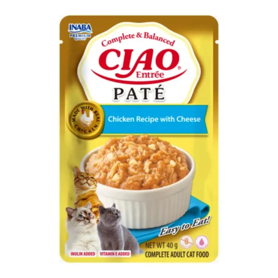 INABA Ciao Entree Pate, Pui și Brânză, plic hrană umedă fără cereale pisici, (pate), 40g