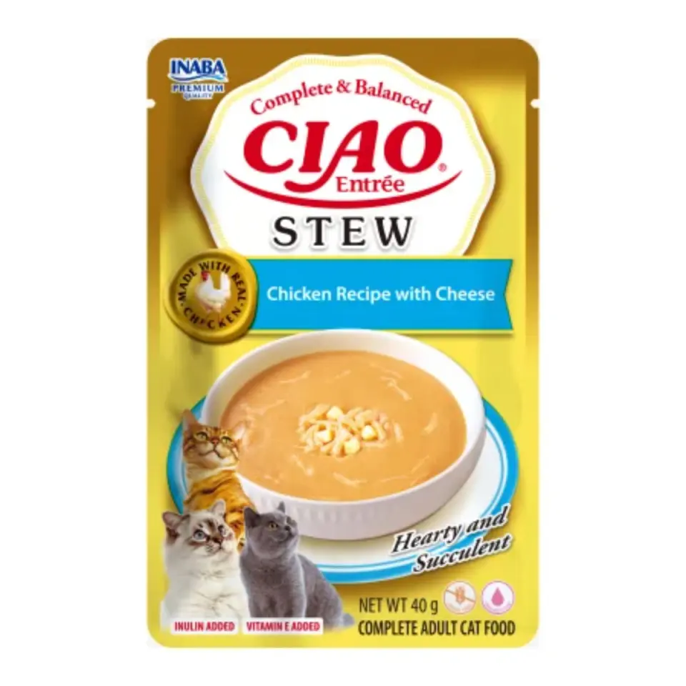 INABA Ciao Entree Stew, Pui și Brânză, plic hrană umedă fără cereale pisici, (piure), 40g