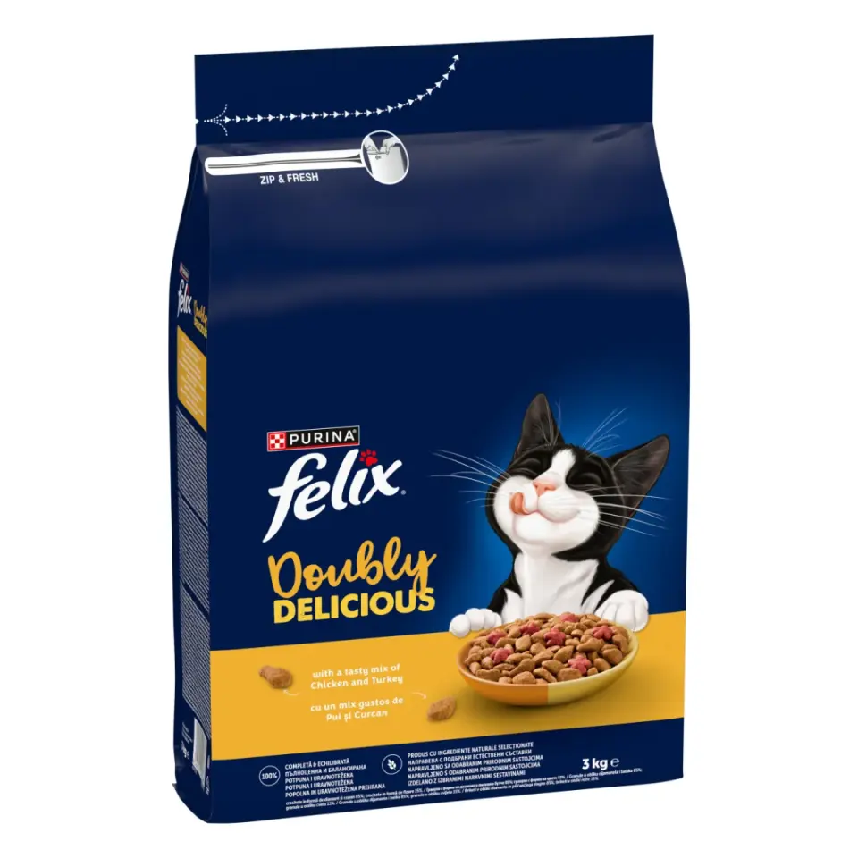 Hrana uscata pentru pisici Felix Doubly Delicious cu pui curcan 3 kg