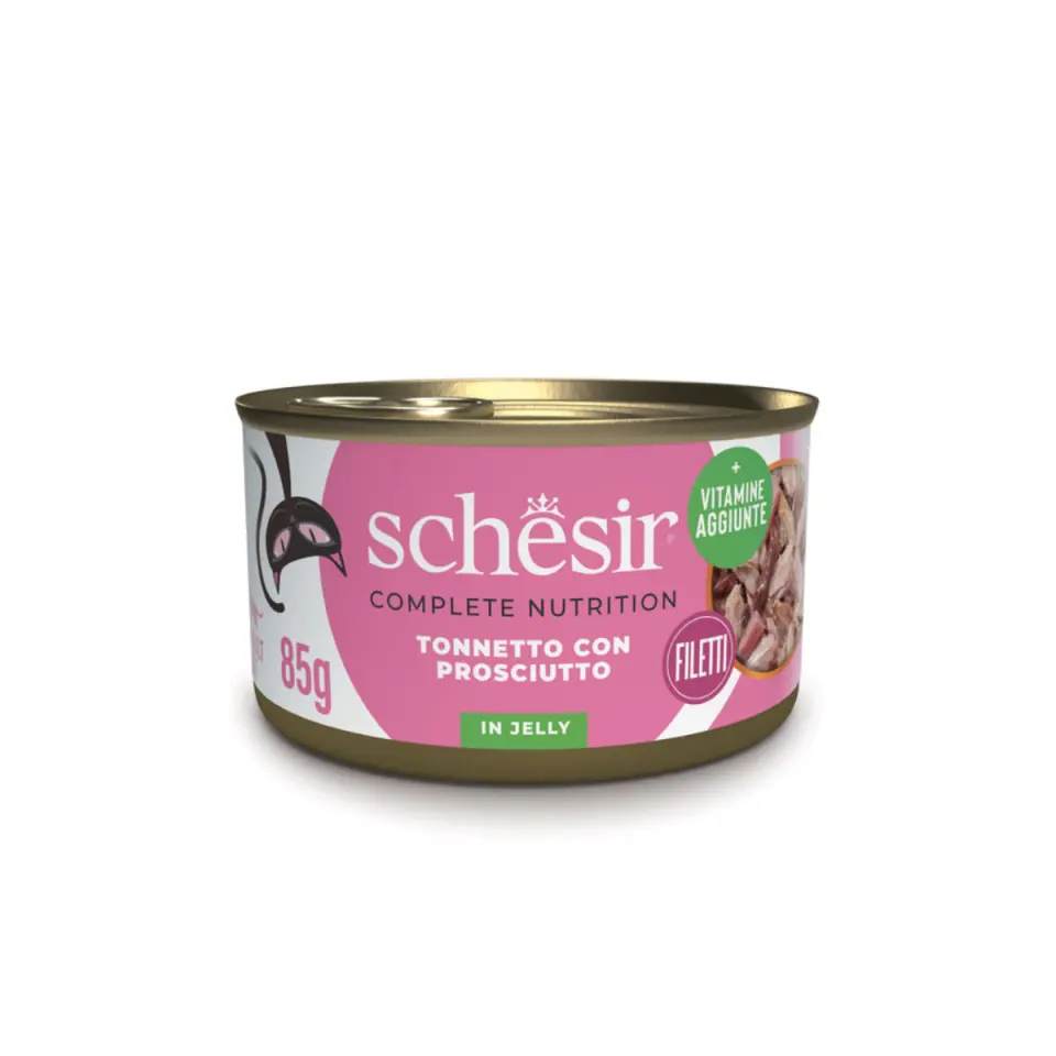 SCHESIR Complete Nutrition, Ton și Șuncă, conservă hrană umedă pisici, (în aspic), 85g