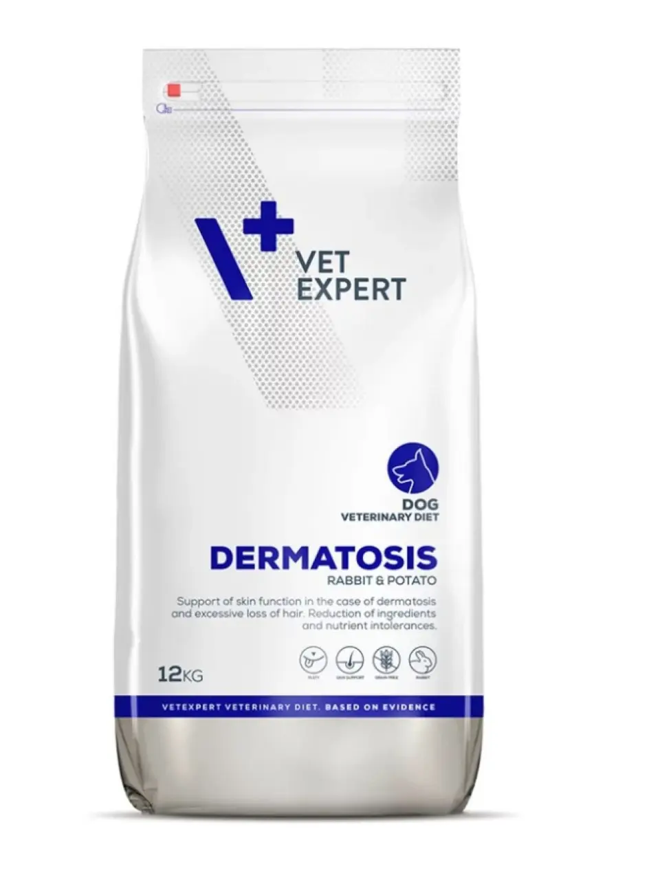 Hrana dietetica pentru caini cu dermatoza Vet Expert Dermatosis Dog, carne de iepure si cartofi, 12 kg