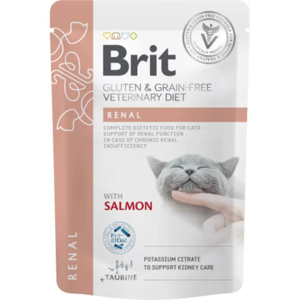 BRIT VD Renal, Somon, dietă veterinară, plic hrană umedă fără cereale pisici, sistem renal, (în sos), 85g