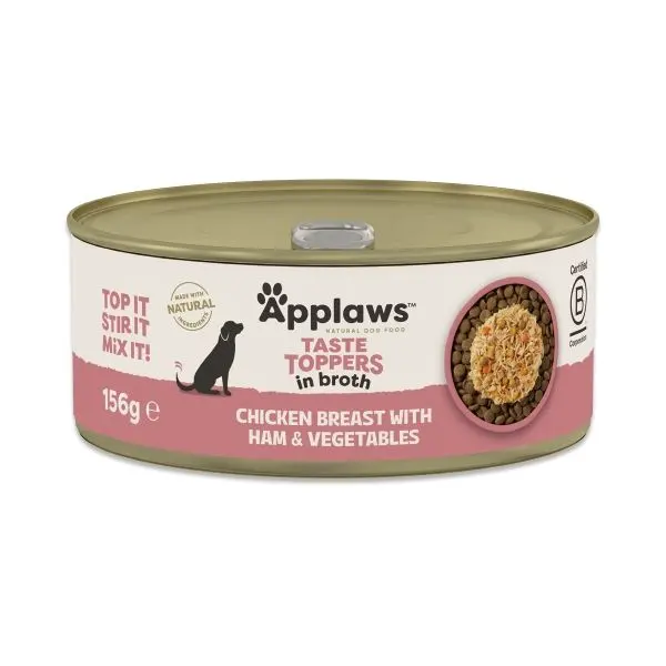 Hrana umeda caini, Applaws Dog Taste Toppers, Piept de Pui si Sunca, in supa, 156 g