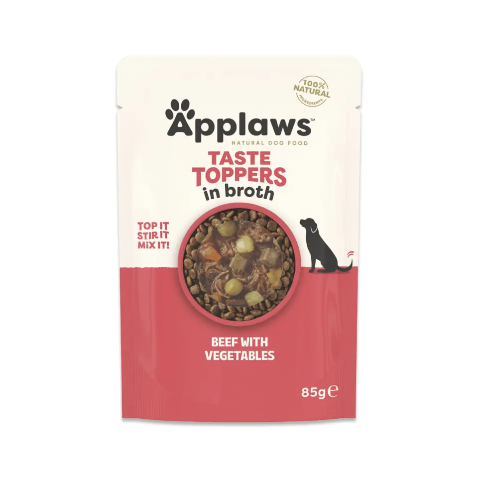 APPLAWS Taste Toppers, XS-XL, Vită și Fasole Verde, plic hrană umedă fără cereale câini, (în supă), 85g