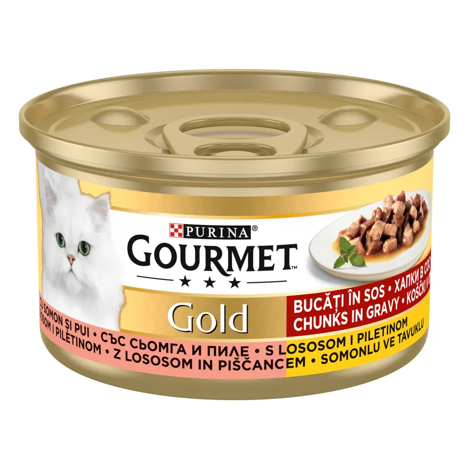 GOURMET GOLD Bucatele de Carne in Sos, Pui si Somon, 85 g