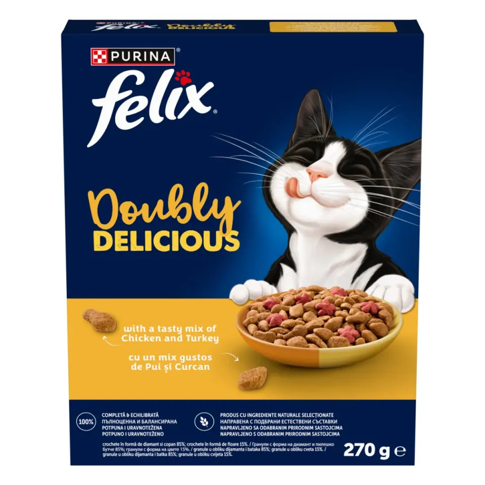 Hrana uscata pentru pisici Felix Doubly Delicious cu pui curcan 270 gr