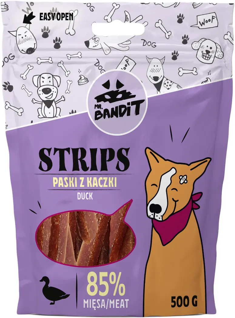 Recompense pentru caini Mr. Bandit STRIPS, rata, 500g
