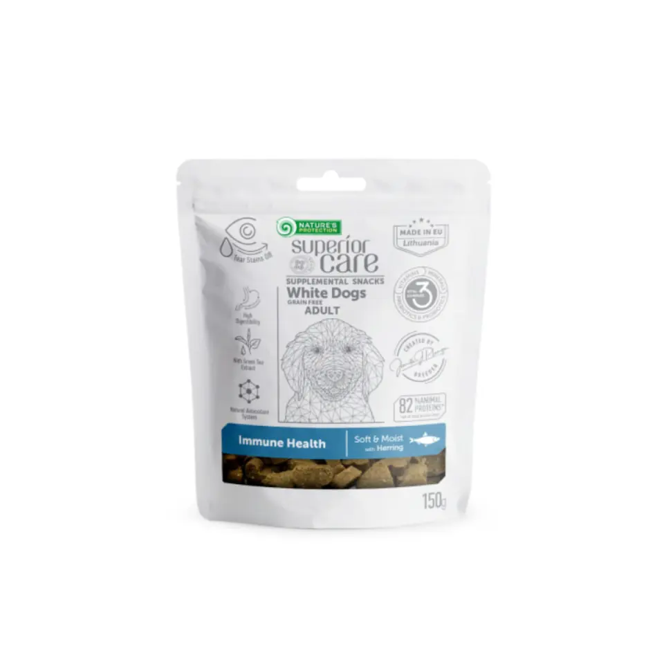 NATURES PROTECTION Superior Care White Dogs, XS-XL, Hering și Ceai verde, punguță recompense funcționale fără cereale câini, sistem imunitar, 150g
