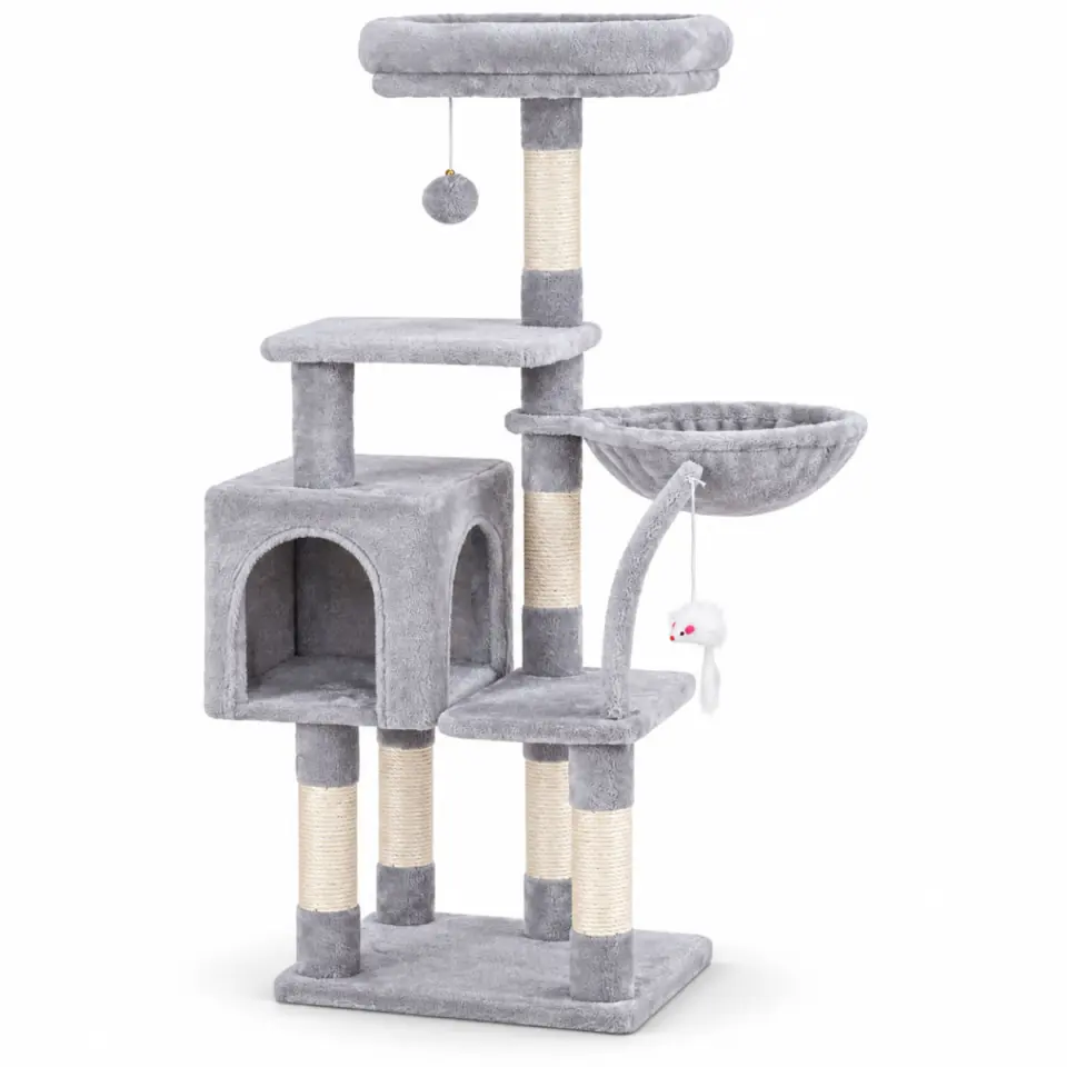 AMYDO Home Milano, ansamblu de joacă pisici, 4 etaje, 1 căsuța MDF și sisal, elemente atârnate, elemente hamac, bej și gri, 48x48x130cm