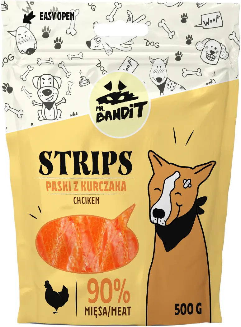 Recompense pentru caini Mr. Bandit STRIPS, pui, 500g