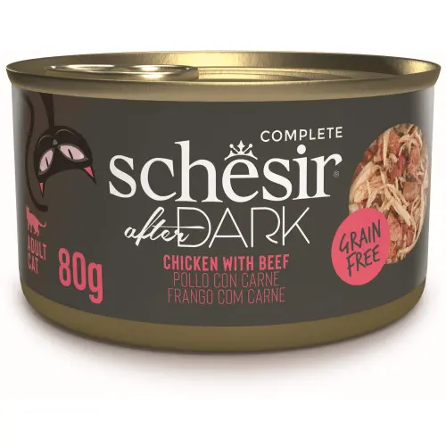 Hrana umeda pentru pisici Schesir After Dark Conservă, supă cu Pui și Vită 80 gr