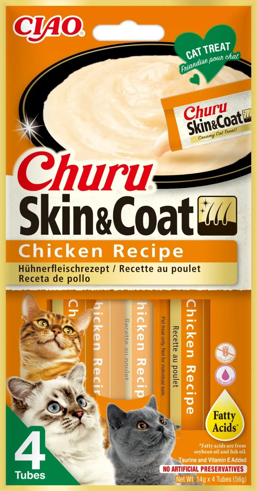 INABA Churu Skin&Coat, Pui, plic recompense funcționale fără cereale pisici, piele & blană, (topping), 56g