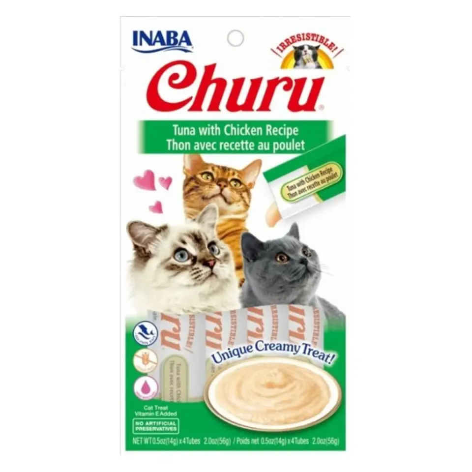 INABA Churu Creamy, Ton și Pui, plic recompense fără cereale pisici, (piure), 56g