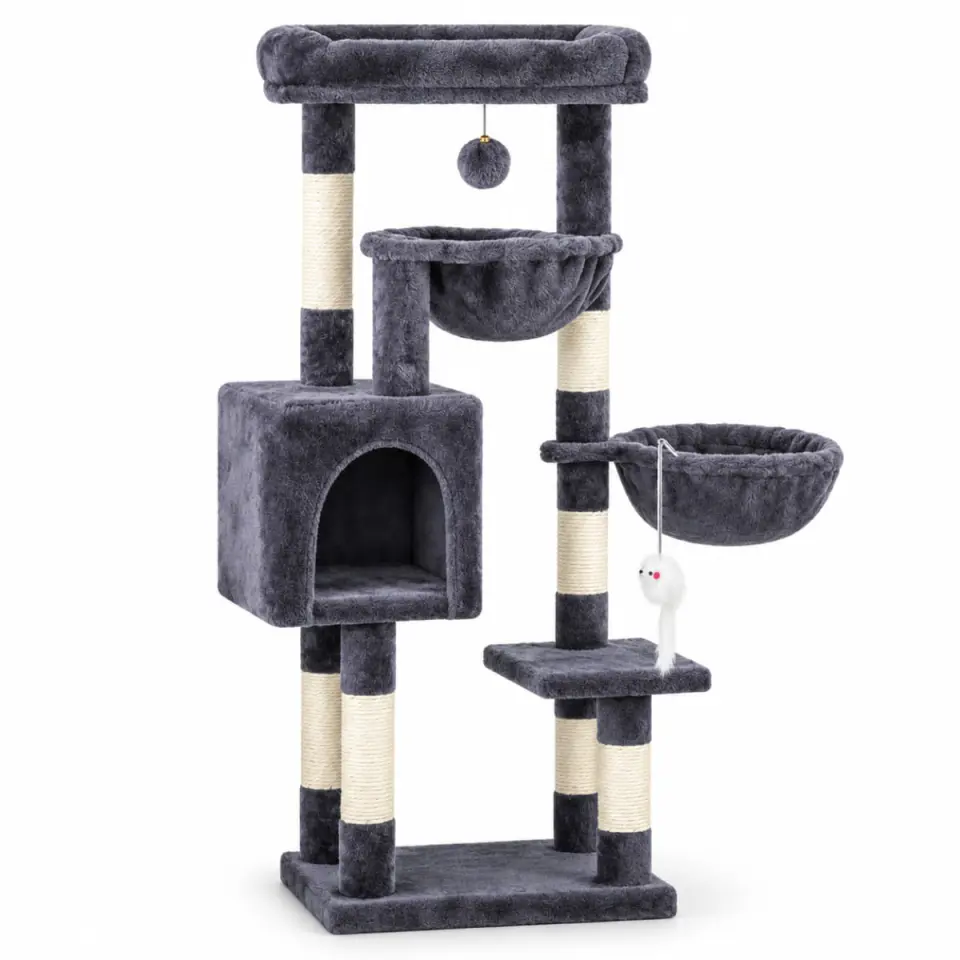 AMYDO Home Aspen, ansamblu de joacă pisici 4 etaje, 1 căsuța MDF și sisal elemente atârnate, elemente hamac bej și antracit, 45x32x105cm