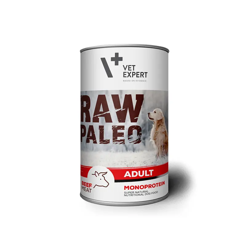 Hrana umeda pentru caini, RAW PALEO Adult, vita,conserva monoproteica, Pachet 5 X 800 g
