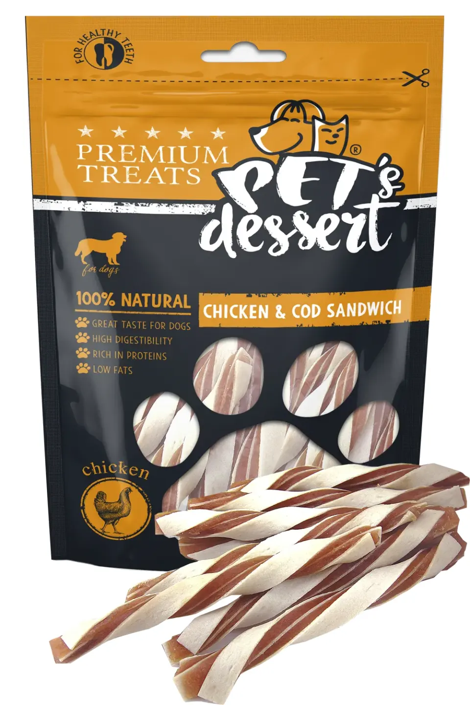 Recompense pentru caini Pet s Dessert Chicken Cod Sandwich 80 gr