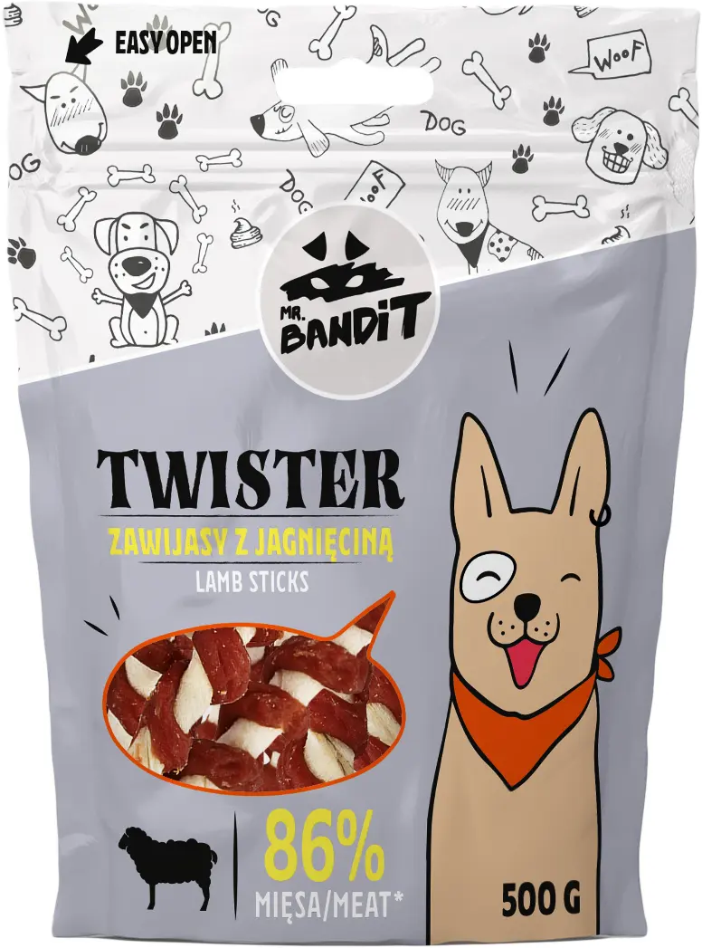 Recompense pentru caini Mr. Bandit TWISTER, miel, 500g