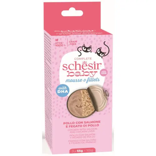 Hrana umeda pentru pisici Schesir Baby Pachet Conserve pentru pisicuțe, Mousse Pui/Somon 3x55 gr