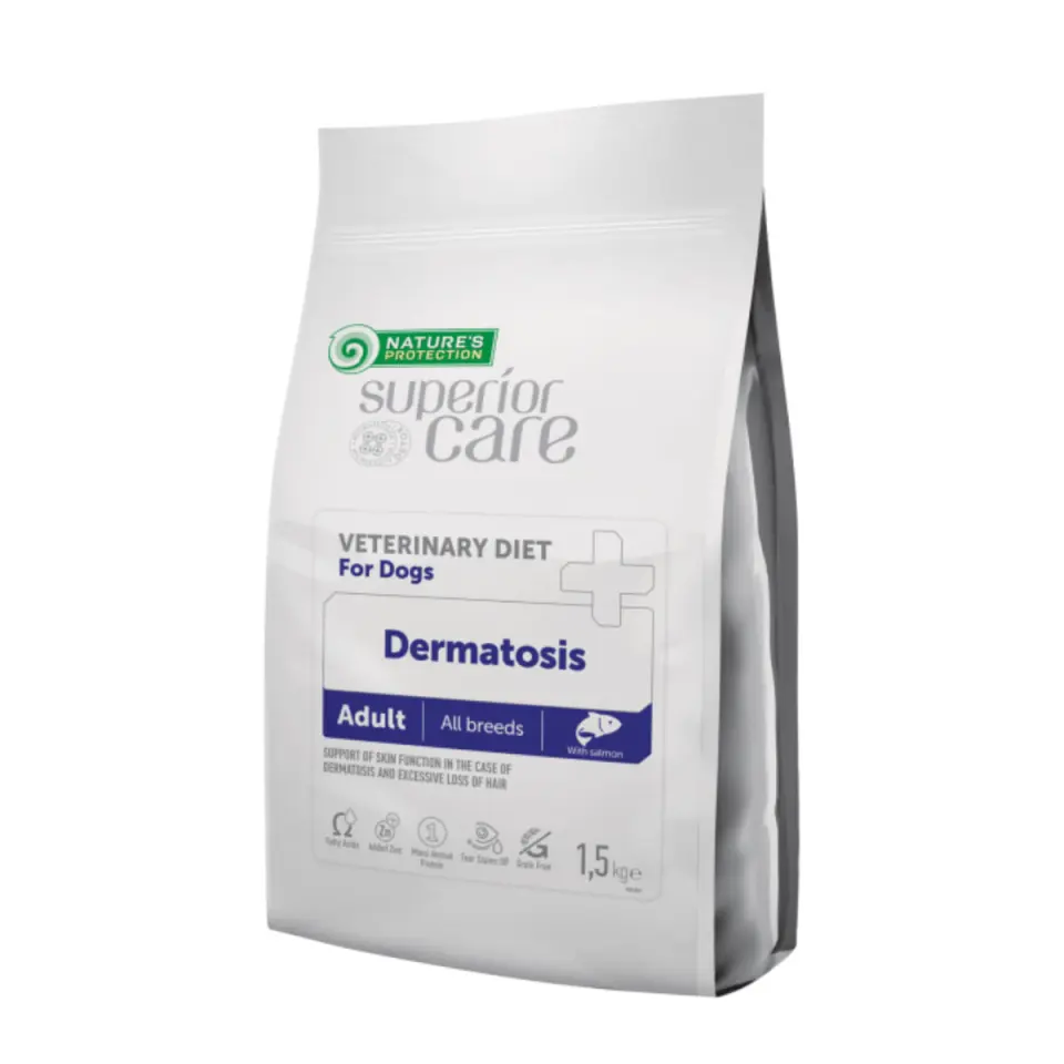 NATURES PROTECTION Superior Care Veterinary Diet Dermatosis, XS-XL, Somon, dietă veterinară, hrană uscată monoproteică câini, piele & blană, 1.5kg