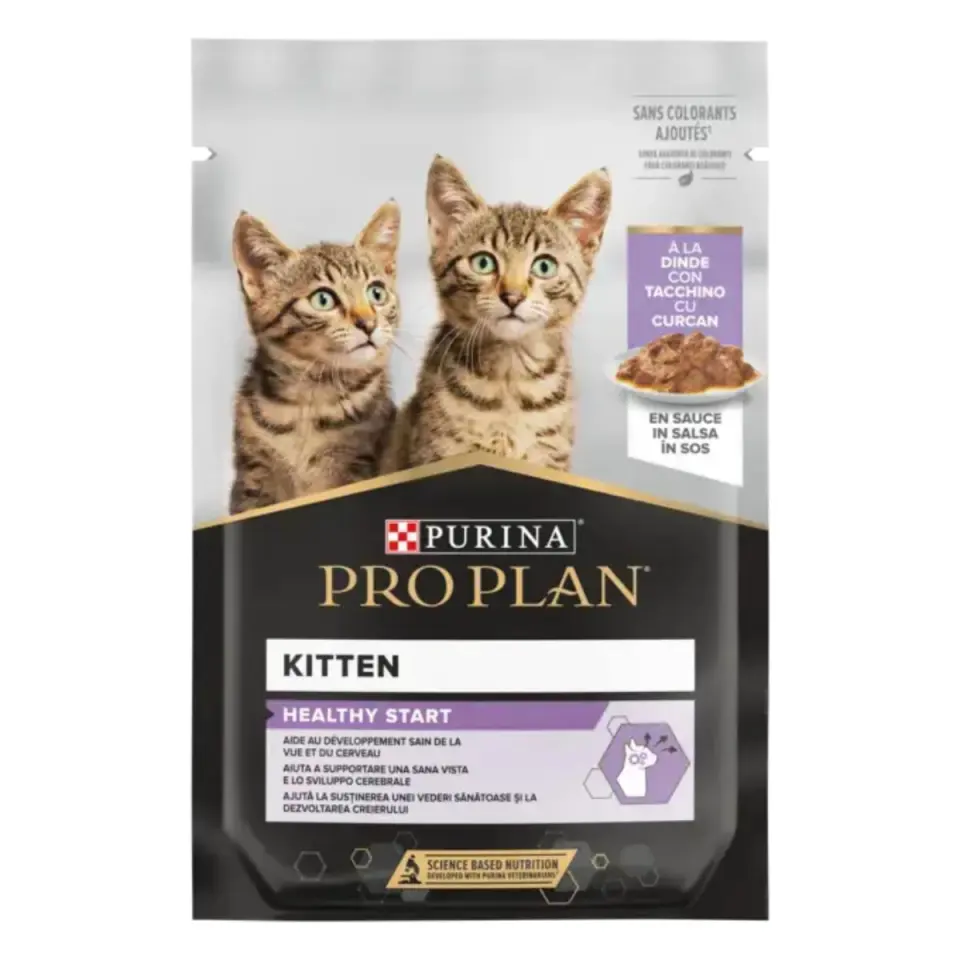 PURINA Pro Plan Healthy Start Kitten, Curcan, plic hrană umedă pisici junior, (în sos), 85g
