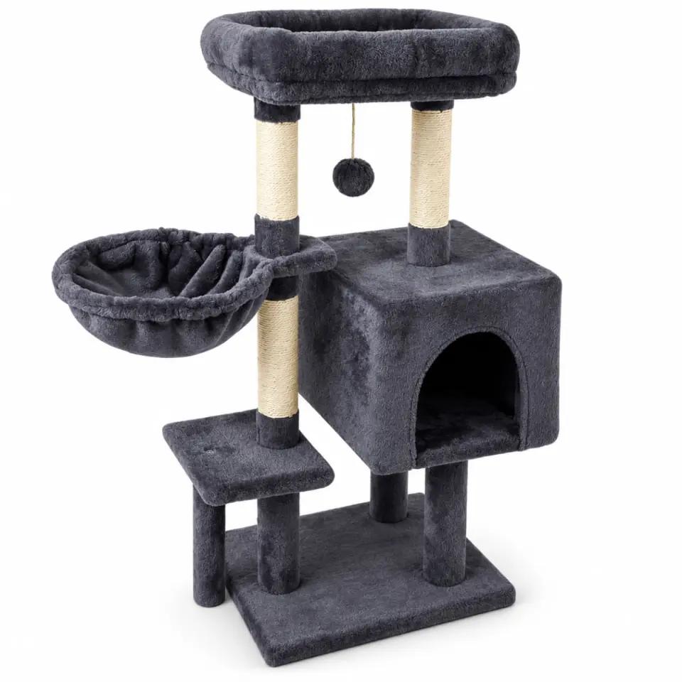 AMYDO Home Soho, ansamblu de joacă pisici, 4 etaje, 1 căsuța MDF și sisal, elemente atârnate, elemente hamac, bej și antracit, 48x33x89cm
