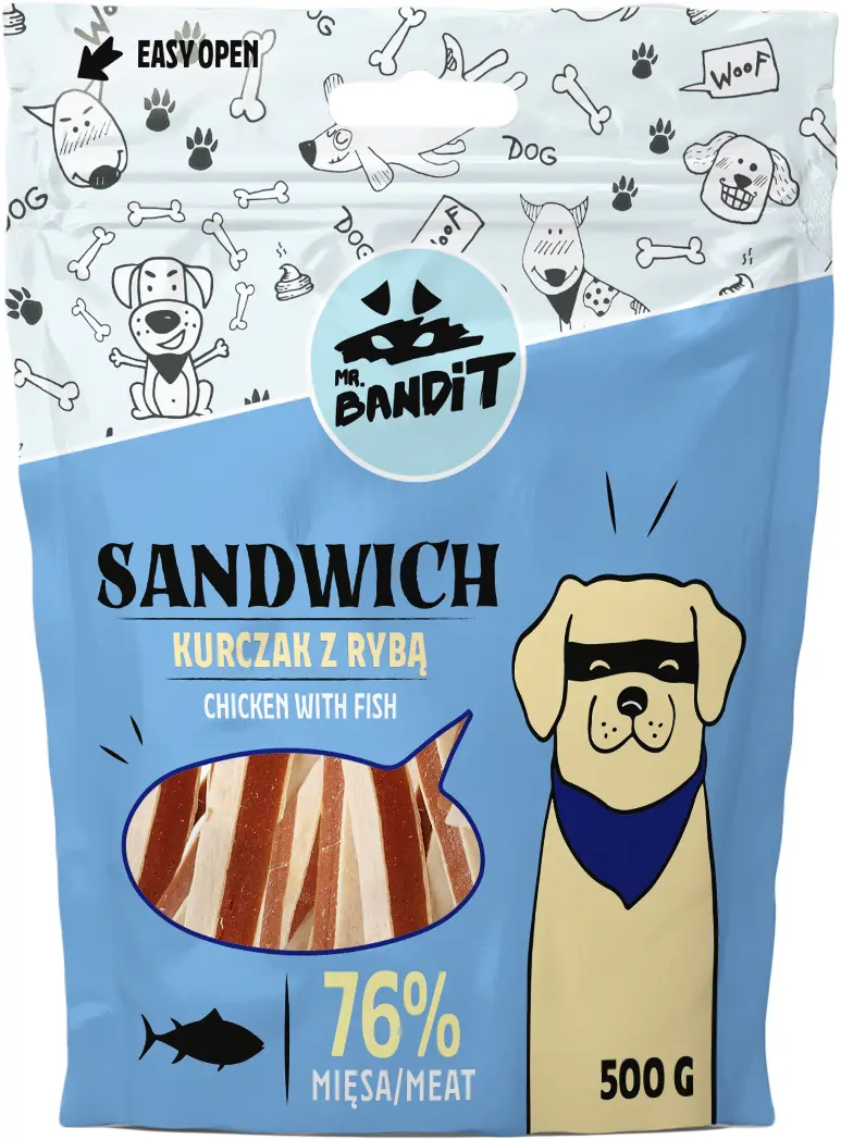 Recompense pentru caini Mr. Bandit SANDWICH, pui cu peste, 500g