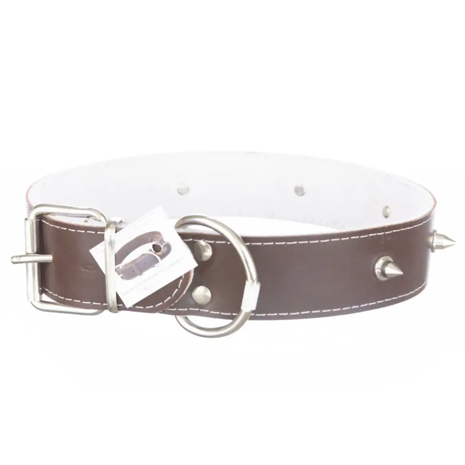 Zgarda din piele, maro, cu ornamente colti metalici, 4 cm x 65 cm