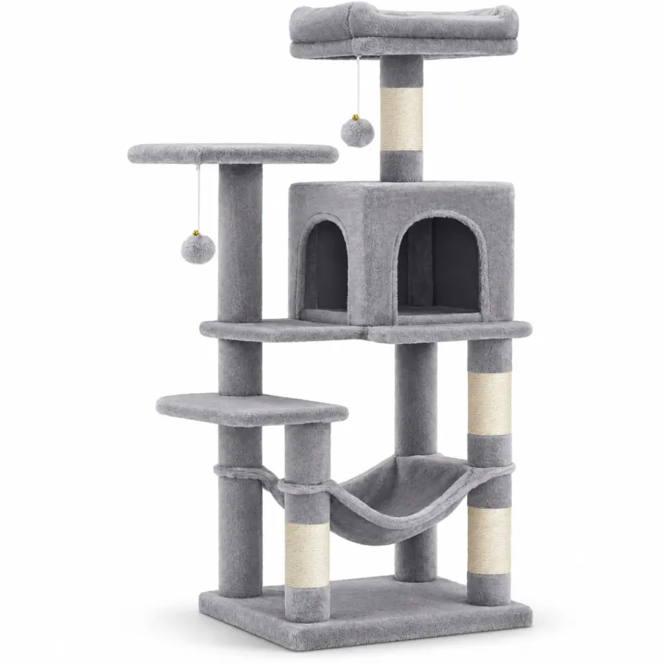 AMYDO Home Luna, ansamblu de joacă pisici, 5 etaje, 1 căsuța MDF și sisal, elemente atârnate, elemente hamac, bej și gri, 45x35x112cm